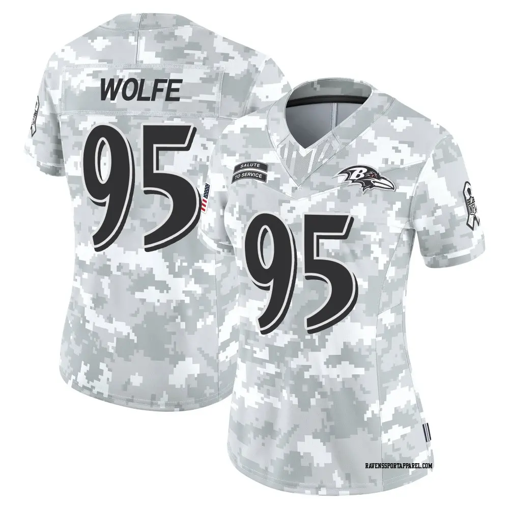 Limited Arctic Camo Women's Derek Wolfe Baltimore Ravens 2024 Salute to Service Jersey